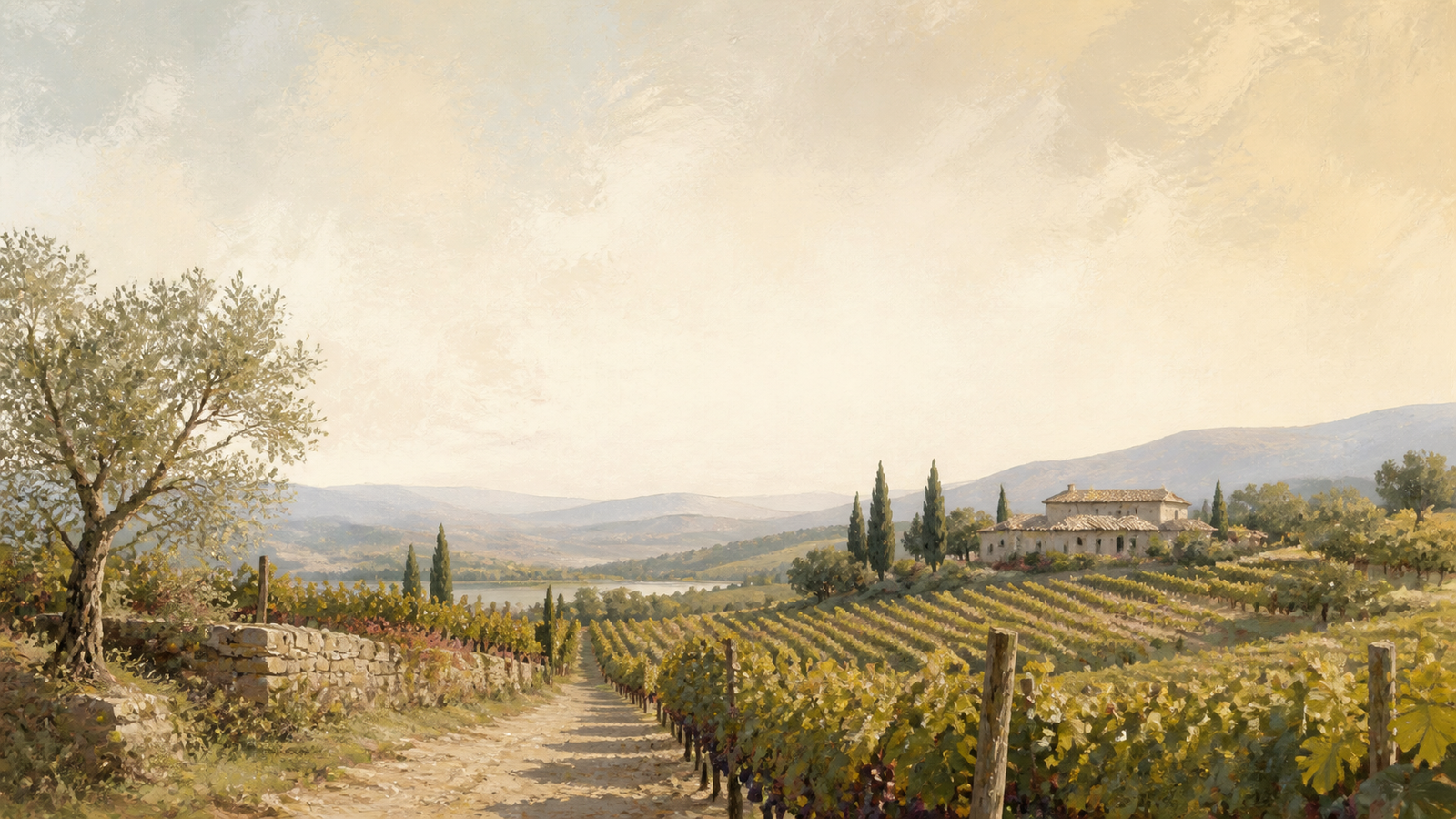 Painted view of a hillside vineyard estate at golden hour